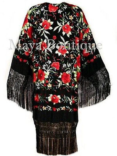 Pre-owned Maya Matazaro Embroidered Silk Opera Coat Kimono Flamenco Jacket Red Roses Black