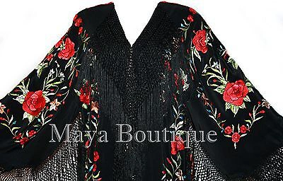 Pre-owned Maya Matazaro Embroidered Silk Opera Coat Kimono Flamenco Jacket Red Roses Black