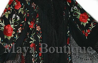 Pre-owned Maya Matazaro Embroidered Silk Opera Coat Kimono Flamenco Jacket Red Roses Black