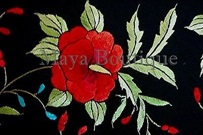 Pre-owned Maya Matazaro Embroidered Silk Opera Coat Kimono Flamenco Jacket Red Roses Black