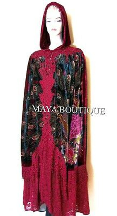 Pre-owned Maya Matazaro Cloak Opera Cape Peacock Victorian Rep Long Beaded Velvet Lace Lined Deep Red In Red Multi