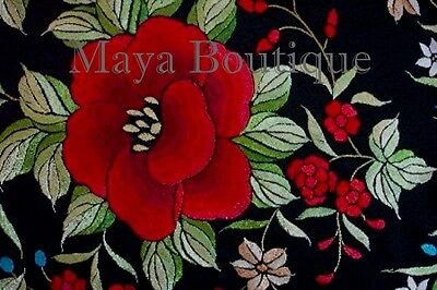 Pre-owned Maya Matazaro Embroidered Silk Opera Coat Kimono Flamenco Jacket Red Roses Black