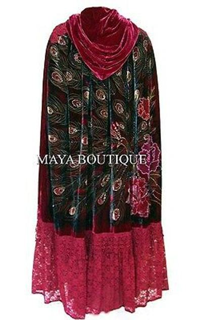 Pre-owned Maya Matazaro Cloak Opera Cape Peacock Victorian Rep Long Beaded Velvet Lace Lined Deep Red In Red Multi