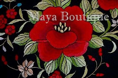 Pre-owned Maya Matazaro Embroidered Silk Opera Coat Kimono Flamenco Jacket Red Roses Black