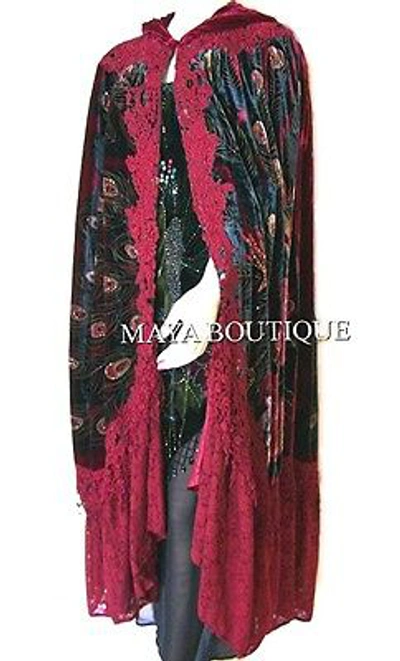 Pre-owned Maya Matazaro Cloak Opera Cape Peacock Victorian Rep Long Beaded Velvet Lace Lined Deep Red In Red Multi