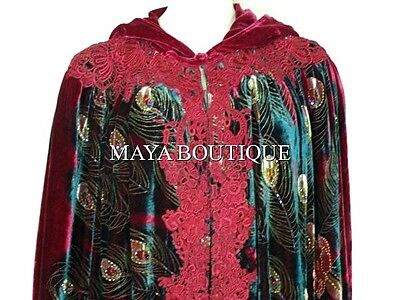 Pre-owned Maya Matazaro Cloak Opera Cape Peacock Victorian Rep Long Beaded Velvet Lace Lined Deep Red In Red Multi