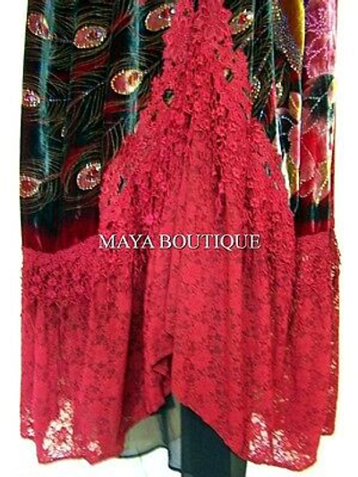 Pre-owned Maya Matazaro Cloak Opera Cape Peacock Victorian Rep Long Beaded Velvet Lace Lined Deep Red In Red Multi