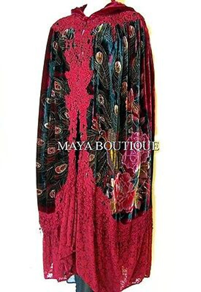 Pre-owned Maya Matazaro Cloak Opera Cape Peacock Victorian Rep Long Beaded Velvet Lace Lined Deep Red In Red Multi