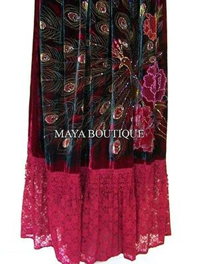 Pre-owned Maya Matazaro Cloak Opera Cape Peacock Victorian Rep Long Beaded Velvet Lace Lined Deep Red In Red Multi