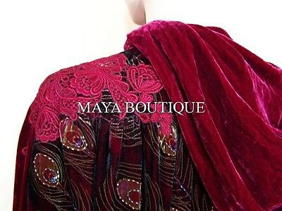 Pre-owned Maya Matazaro Cloak Opera Cape Peacock Victorian Rep Long Beaded Velvet Lace Lined Deep Red In Red Multi