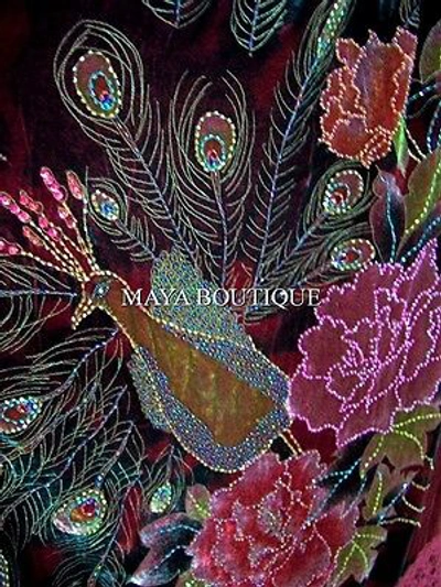 Pre-owned Maya Matazaro Cloak Opera Cape Peacock Victorian Rep Long Beaded Velvet Lace Lined Deep Red In Red Multi