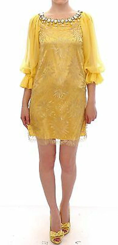 Pre-owned Dolce & Gabbana Dress Yellow Lace Swarovski Crystal Sleeve It38/us4/xs Rrp $4600