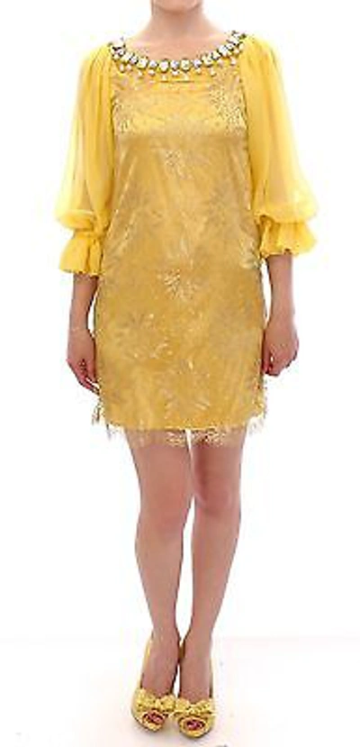 Pre-owned Dolce & Gabbana Dress Yellow Lace Swarovski Crystal Sleeve It38/us4/xs Rrp $4600