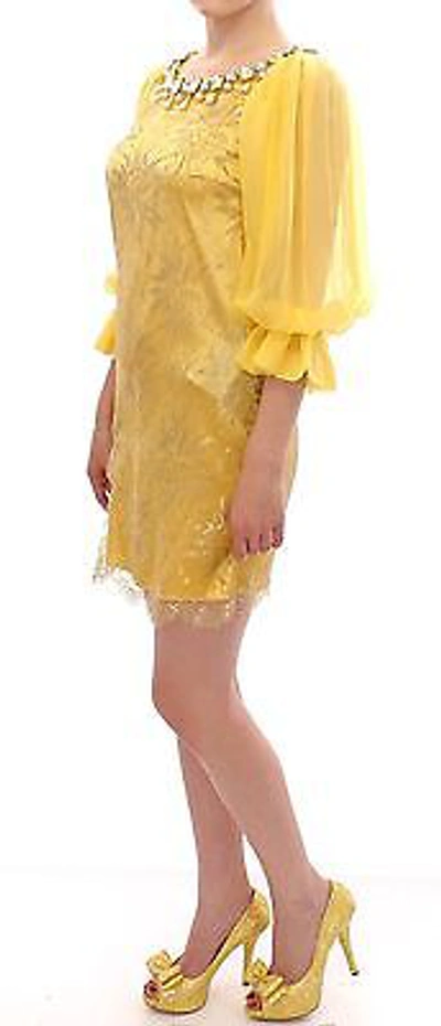 Pre-owned Dolce & Gabbana Dress Yellow Lace Swarovski Crystal Sleeve It38/us4/xs Rrp $4600