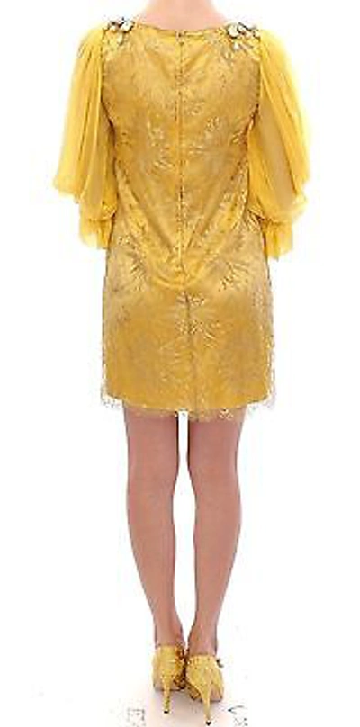 Pre-owned Dolce & Gabbana Dress Yellow Lace Swarovski Crystal Sleeve It38/us4/xs Rrp $4600