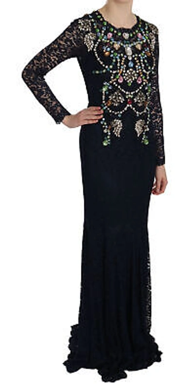 Pre-owned Dolce & Gabbana Dress Blue Crystal Floral Lace Long Gown It38/us4 /xs Rrp $18000