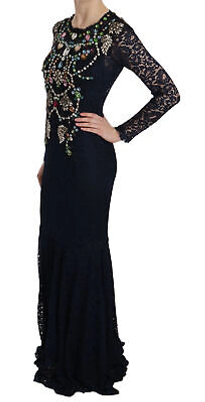 Pre-owned Dolce & Gabbana Dress Blue Crystal Floral Lace Long Gown It38/us4 /xs Rrp $18000