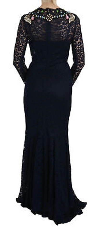 Pre-owned Dolce & Gabbana Dress Blue Crystal Floral Lace Long Gown It38/us4 /xs Rrp $18000