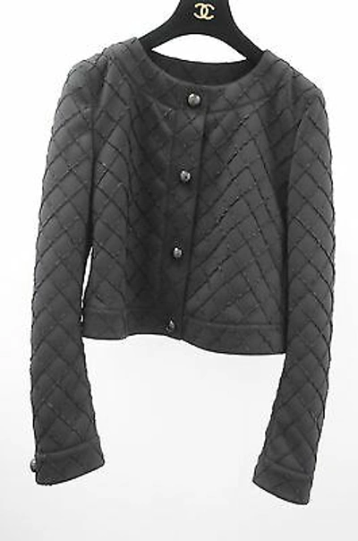 Pre-owned Chanel $5400 Black 15p Runway Coat  Stretch Quilted Short Outer Jacket 38
