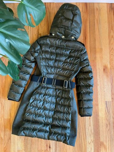 Pre-owned Burberry Womens Hooded Parka Puffer Goosed Down Long Coat Dark Olive Siz S In Green