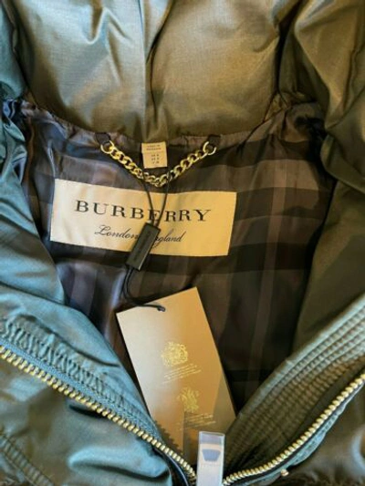 Pre-owned Burberry Womens Hooded Parka Puffer Goosed Down Long Coat Dark Olive Siz S In Green
