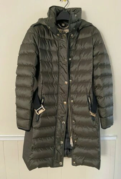 Pre-owned Burberry Womens Hooded Parka Puffer Goosed Down Long Coat Dark Olive Siz S In Green