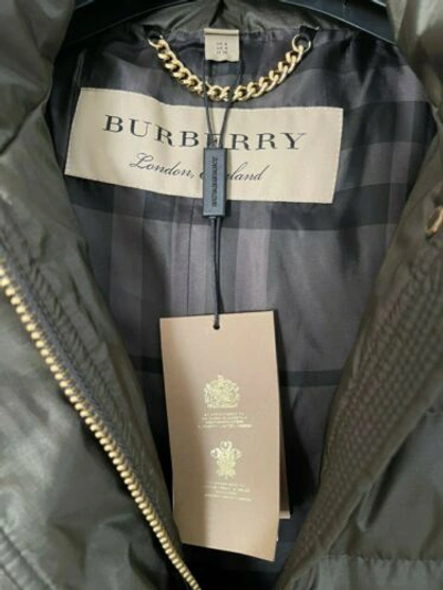 Pre-owned Burberry Womens Hooded Parka Puffer Goosed Down Long Coat Dark Olive Siz S In Green