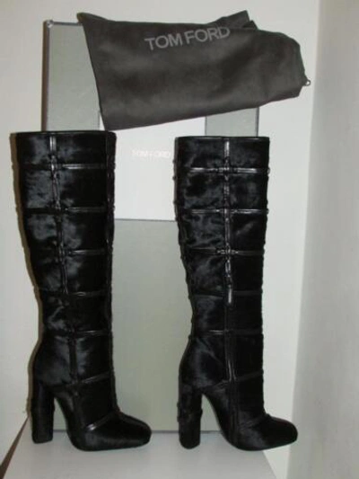Pre-owned Tom Ford Patchwork Auth $3k  Calf Hair And Leather Knee High Boots Runway 37 In Black