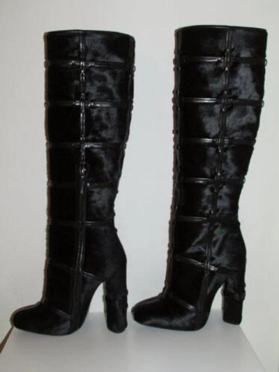 Pre-owned Tom Ford Patchwork Auth $3k  Calf Hair And Leather Knee High Boots Runway 37 In Black