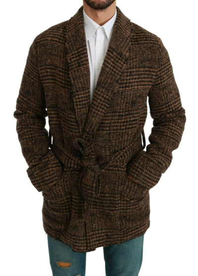 Pre-owned Dolce & Gabbana Jacket Wrap Brown Checkered Wool Robe Coat It48/ Us38 / M $2600