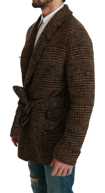 Pre-owned Dolce & Gabbana Jacket Wrap Brown Checkered Wool Robe Coat It48/ Us38 / M $2600