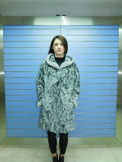 Pre-owned Fenzo Furs Luxury Silver Swakara Fur Coat With Hood- Swakara With Hood And Mink Trim