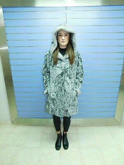 Pre-owned Fenzo Furs Luxury Silver Swakara Fur Coat With Hood- Swakara With Hood And Mink Trim