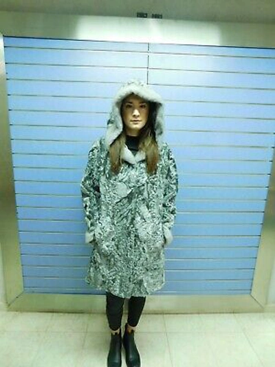 Pre-owned Fenzo Furs Luxury Silver Swakara Fur Coat With Hood- Swakara With Hood And Mink Trim