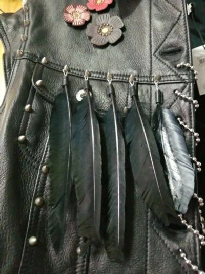 Pre-owned Coach Black Leather Cap Slv Custom Vest 215523jax Bottle Cap Floral Feather...
