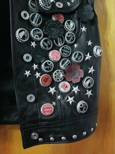 Pre-owned Coach Black Leather Cap Slv Custom Vest 215523jax Bottle Cap Floral Feather...