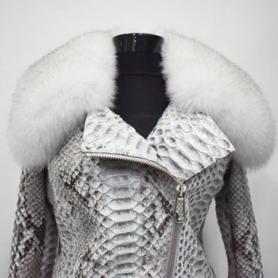 Pre-owned Handmade All Sizes Women's Genuine Python Leather Real Fox Fur Collar White Exotic Jacket