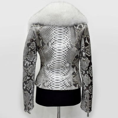 Pre-owned Handmade All Sizes Women's Genuine Python Leather Real Fox Fur Collar White Exotic Jacket