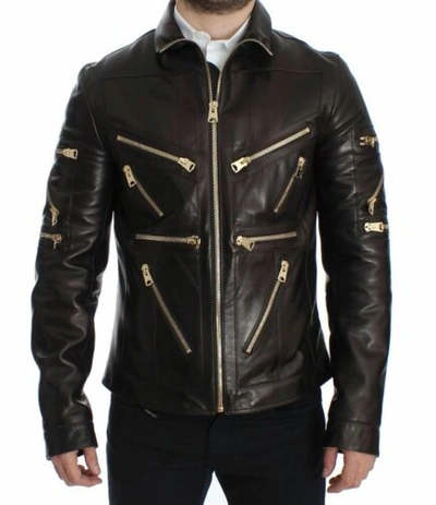 Pre-owned Dolce & Gabbana Dolce&gabbana Men Biker Jacket Brown Lambskin Leather Zipper Bomber Outerwear