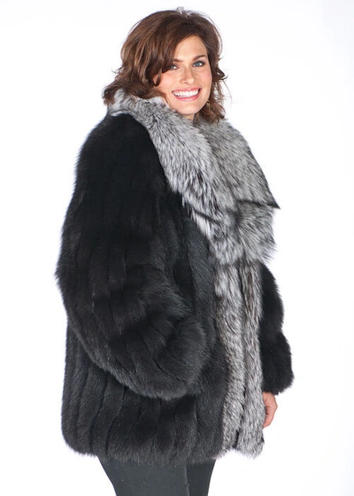 Pre-owned Madison Ave Mall Black Real Fox Fur Jacket Plus Size Genuine Natural Silver Fox Shawl Collar - 29