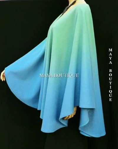 Pre-owned Maya Matazaro Cashmere Cape Ruana Wrap Hand Dyed Light Blue & Misty Jade Ombre  In Ombres Hand Dyed Light Blue & Misty Jade