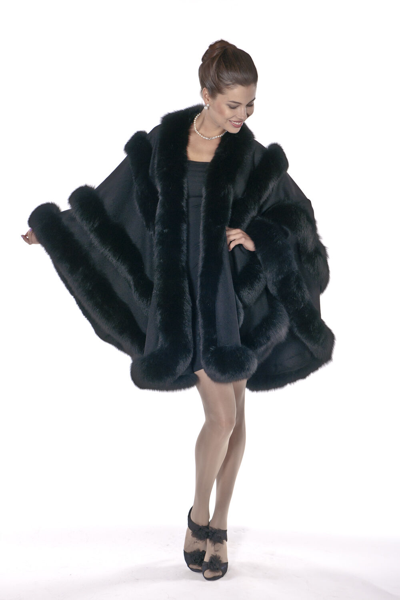 Pre-owned Madison Ave Mall Black Plus Size Fox Trimmed Cashmere Cape For Women - Empress Style