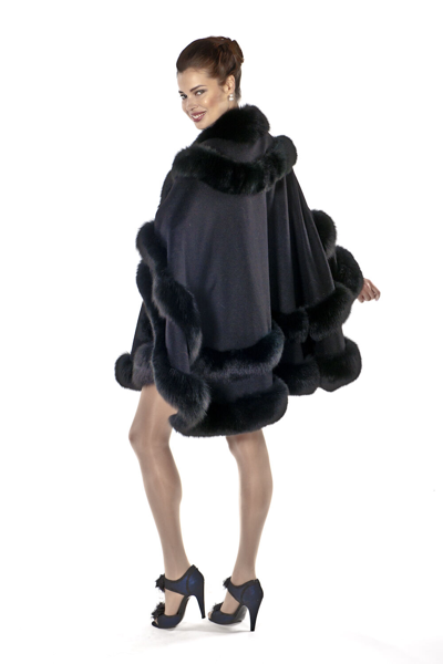 Pre-owned Madison Ave Mall Black Plus Size Fox Trimmed Cashmere Cape For Women - Empress Style