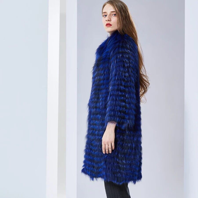 Pre-owned Luxor Leathers And Furs Striped Genuine Fox Fur Coat Jacket Parka In Royal Blue Luxor Leathers & Furs