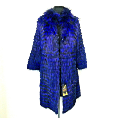 Pre-owned Luxor Leathers And Furs Striped Genuine Fox Fur Coat Jacket Parka In Royal Blue Luxor Leathers & Furs