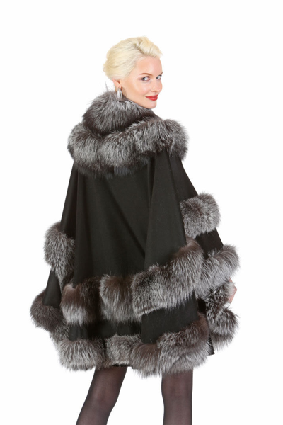 Pre-owned Madison Ave Mall Silver Fox Fur Trimmed Black Cashmere Cape For Women - Empress Style