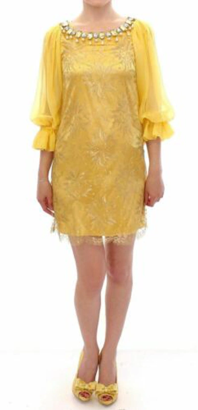 Pre-owned Dolce & Gabbana Dolce&gabbana Women Yellow Dress Silk Metal Crystals Embroidery Party Bodycon