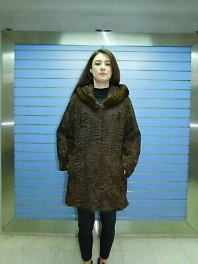 Pre-owned Fenzo Furs Luxury Brown Swakara Fur Coat With Hood- Swakara Full Skin Coat With Mink Trim