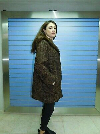Pre-owned Fenzo Furs Luxury Brown Swakara Fur Coat With Hood- Swakara Full Skin Coat With Mink Trim