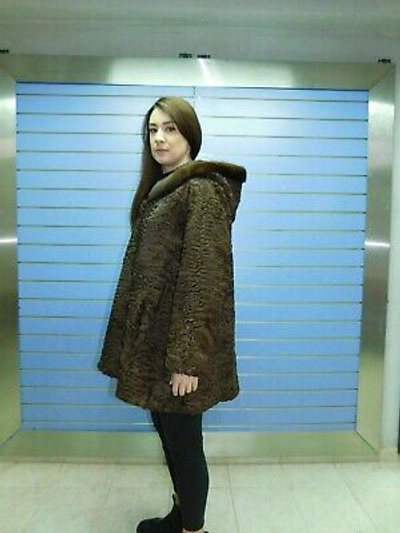 Pre-owned Fenzo Furs Luxury Brown Swakara Fur Coat With Hood- Swakara Full Skin Coat With Mink Trim